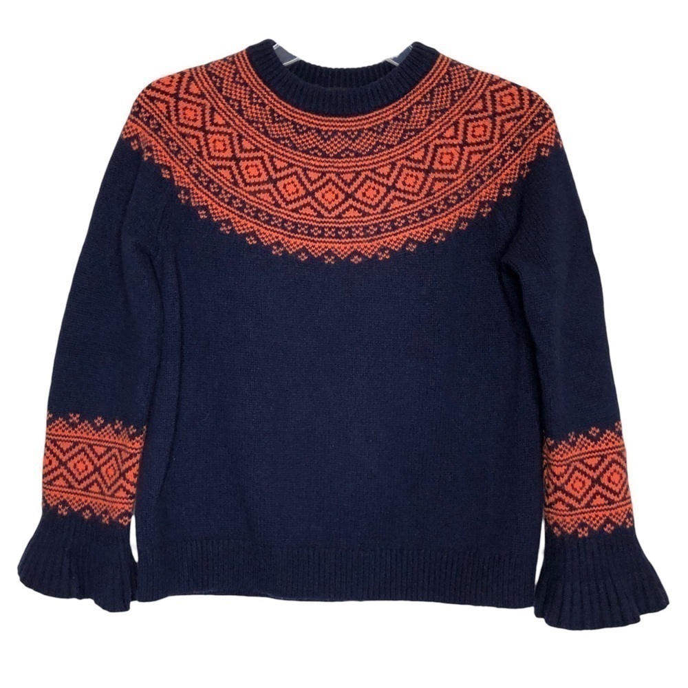 J. CREW - Merino Wool Navy Blue & Orange Fair Isle Crew Neck Sweater - Size XS